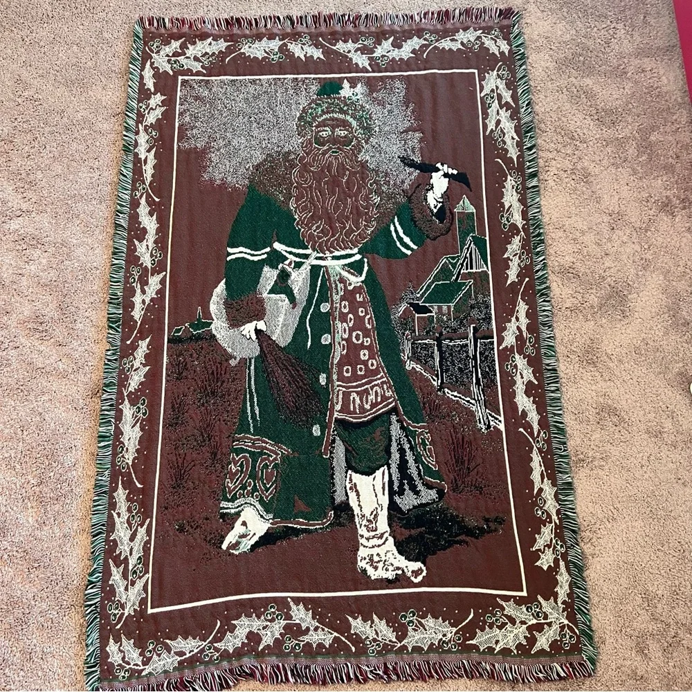 Festive Holiday Tapestry Throw blanket cover with Santa Carrying Tree 44” x 69”